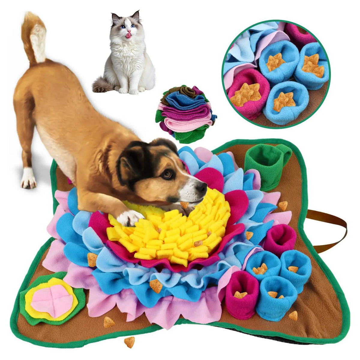 Snuffle mat for dogs with colourful fleece petals