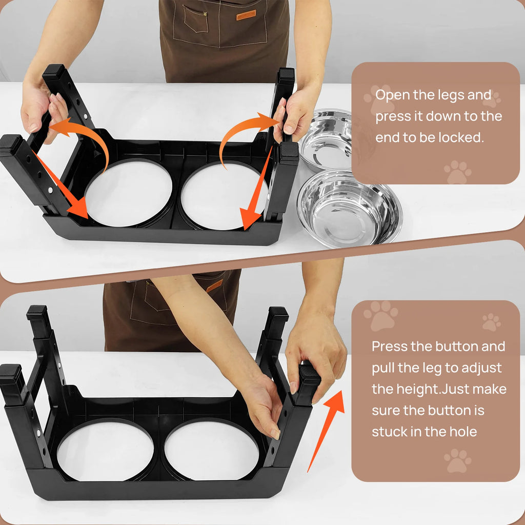 Folding and adjusting the height of the raised dog bowl stand legs