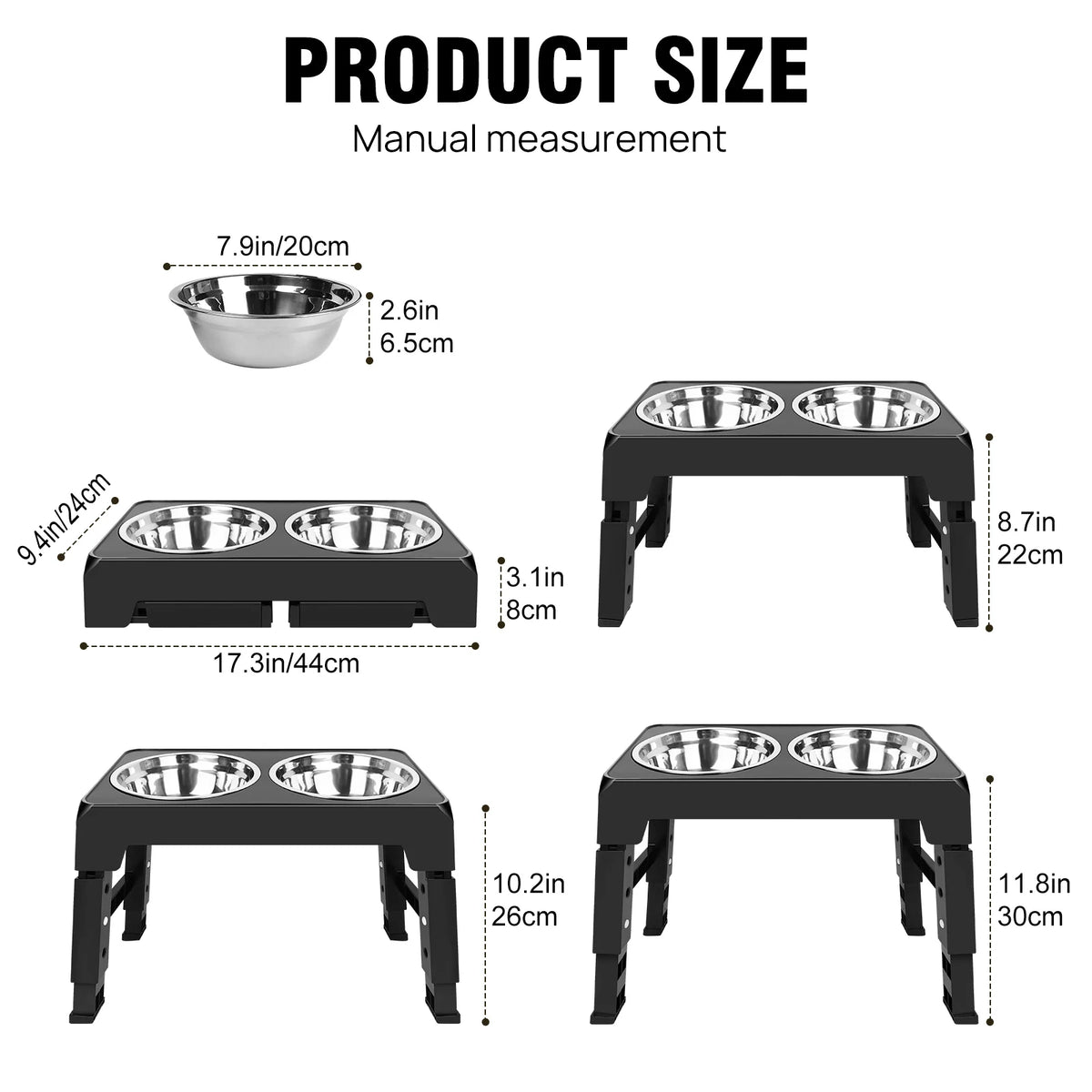 Raised dog bowl stand size guide showing four height settings and 44 x 24 cm frame