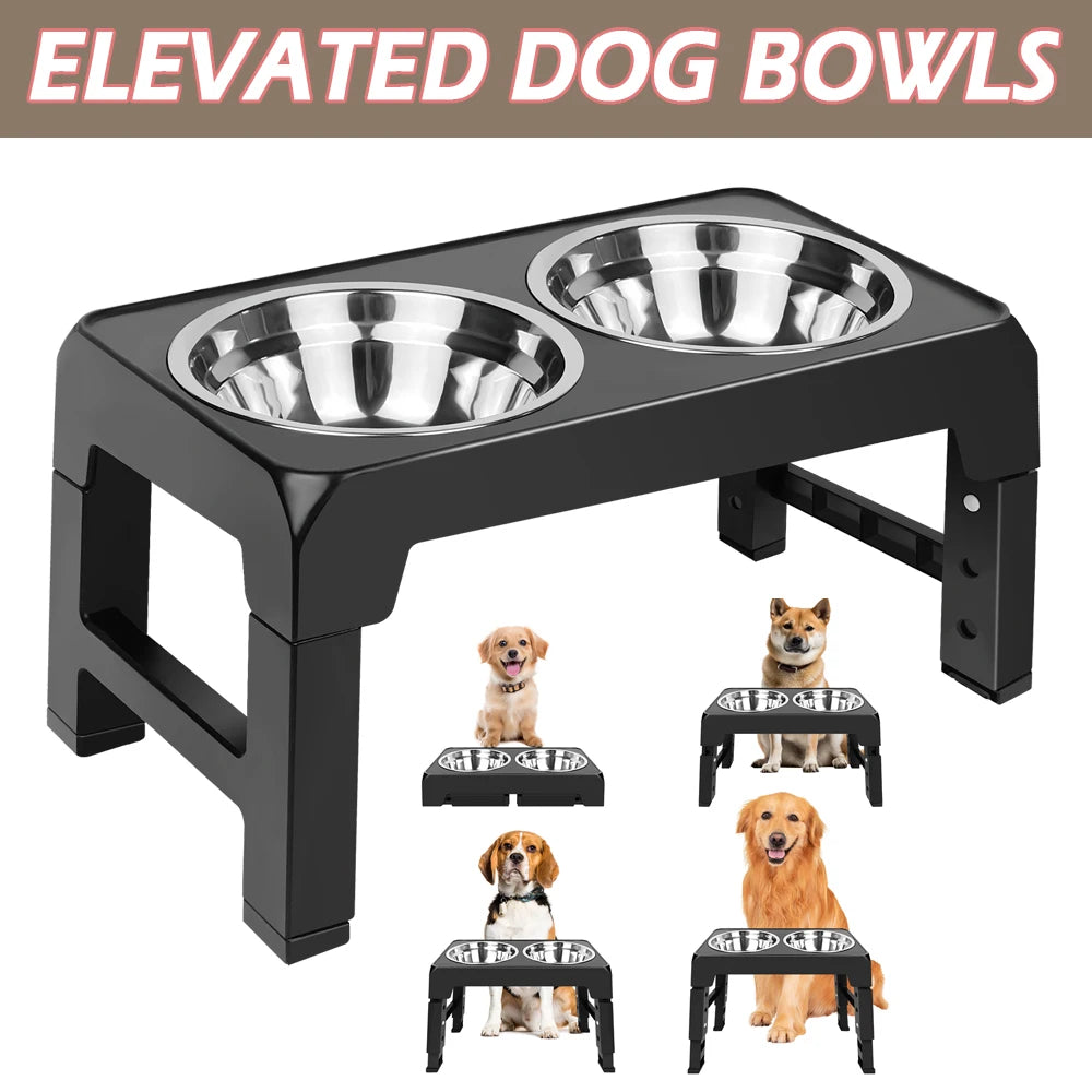 Black raised dog bowl stand with two stainless steel bowls