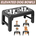 Black raised dog bowl stand with two stainless steel bowls